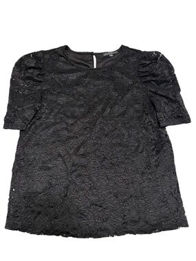 Adrianna Papell Black Floral Lace Puff-Sleeve Top